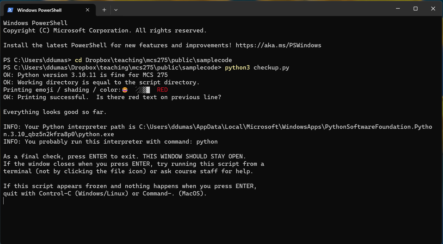 Windows screenshot of checkup.py output